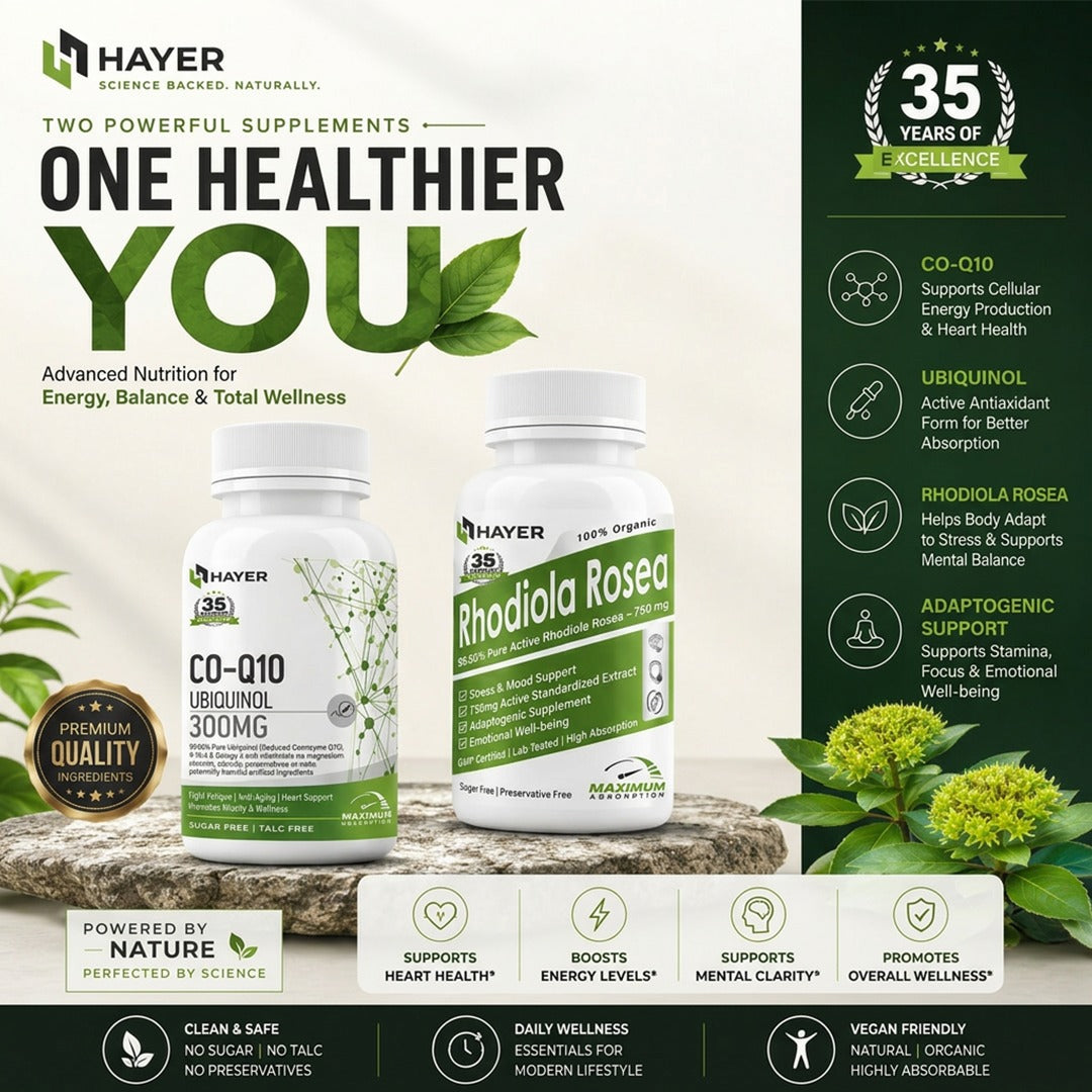 Ultimate Energy, Focus & Wellness Combo Pack | Hayer CoQ10 300mg + Rhodiola Rosea | Daily Vitality & Stress Support Formula