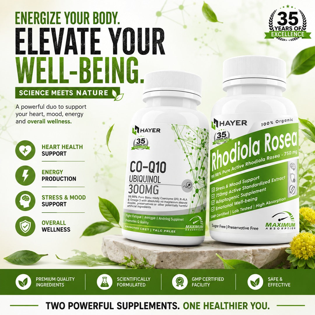 Ultimate Energy, Focus & Wellness Combo Pack | Hayer CoQ10 300mg + Rhodiola Rosea | Daily Vitality & Stress Support Formula