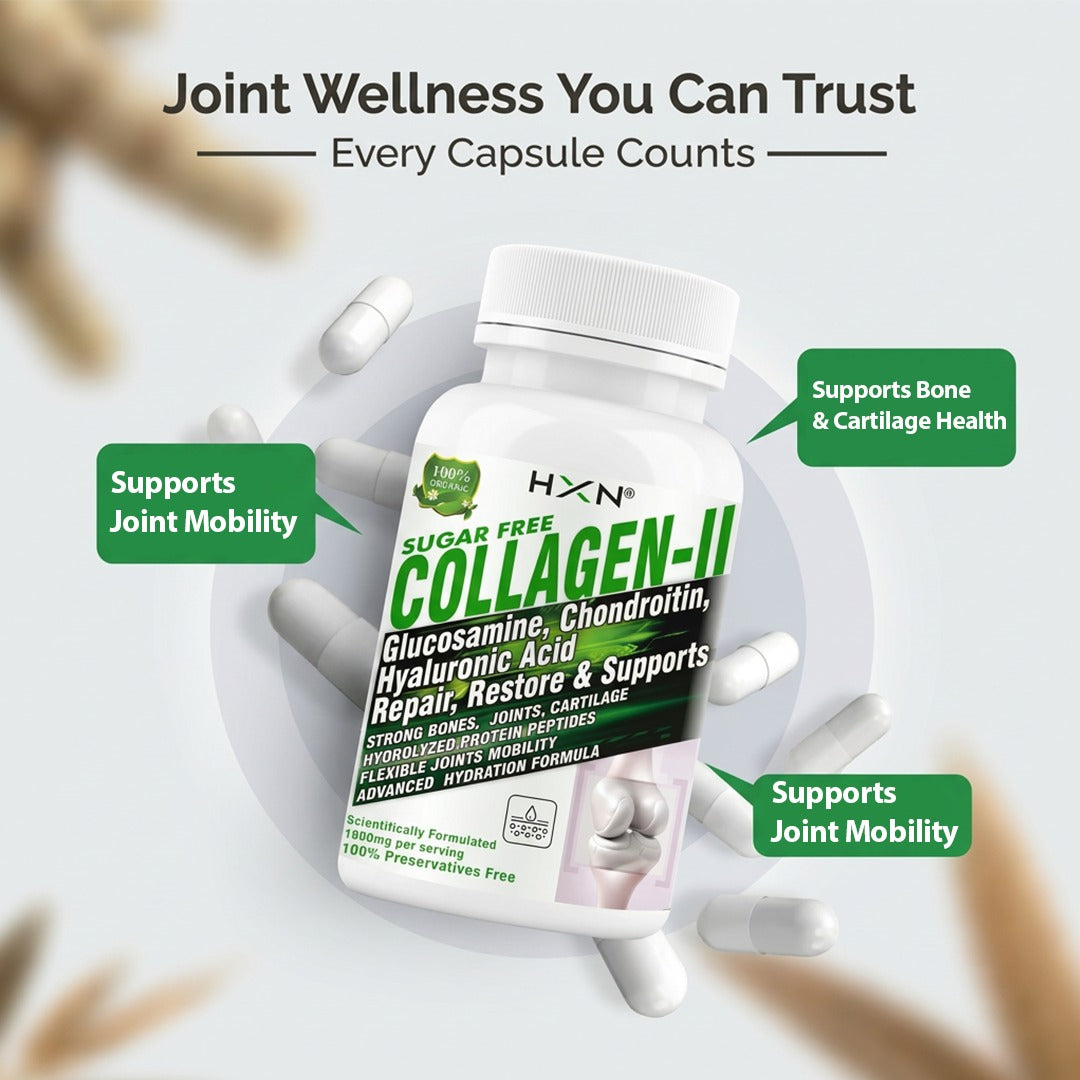 HXN Collagen-II Joint Support Supplement Bundle Pack of 2 | Glucosamine, Chondroitin & Hyaluronic Acid | Supports Joint Mobility, Cartilage Repair & Bone Health | Sugar Free| 120 Tablets