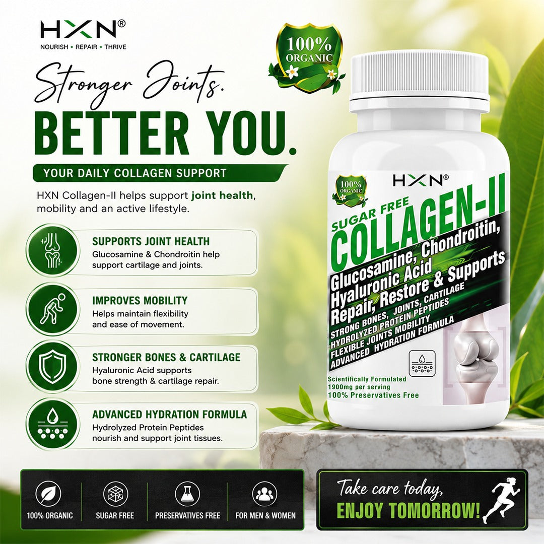 HXN Collagen-II Joint Support Supplement Bundle Pack of 2 | Glucosamine, Chondroitin & Hyaluronic Acid | Supports Joint Mobility, Cartilage Repair & Bone Health | Sugar Free| 120 Tablets