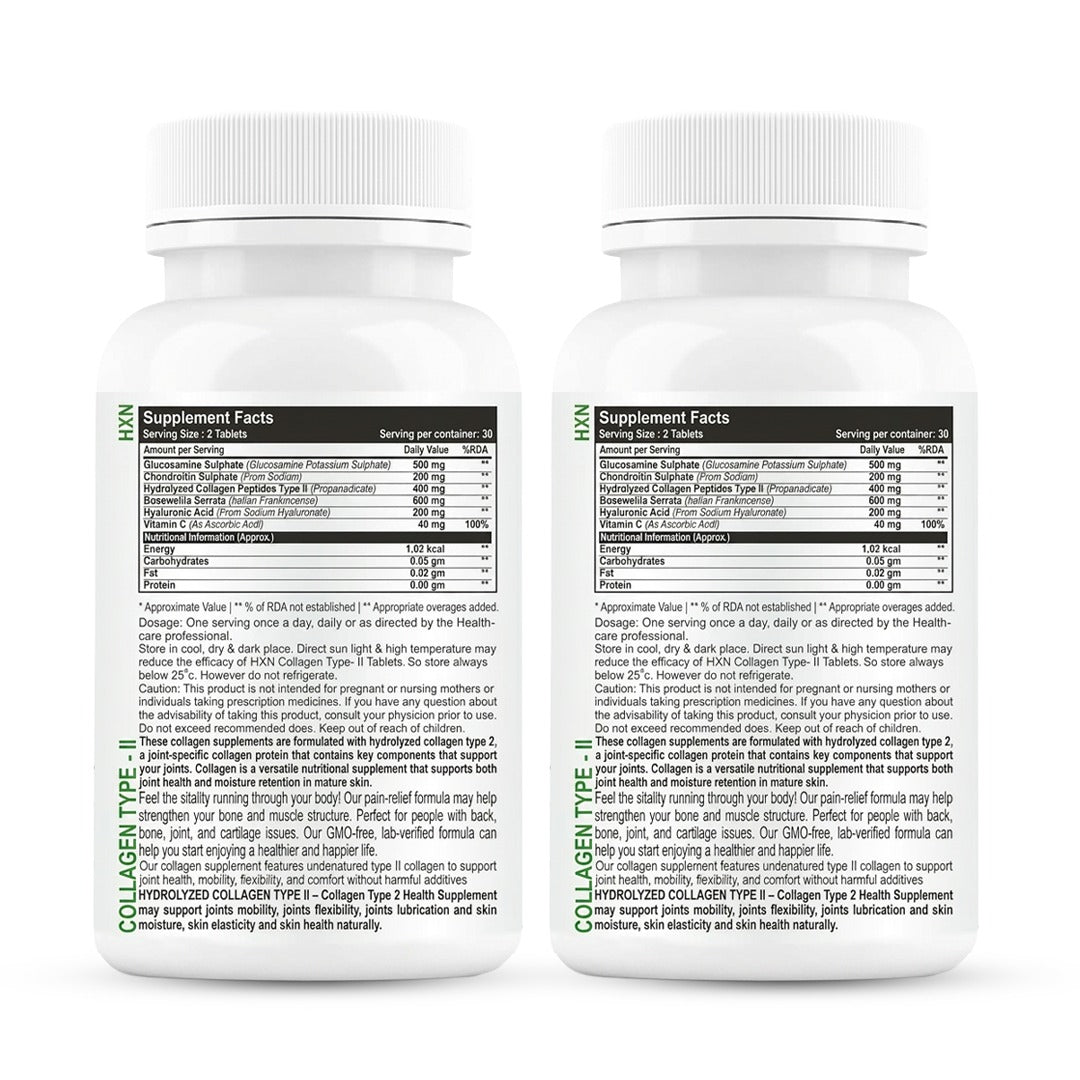 HXN Collagen-II Joint Support Supplement Bundle Pack of 2 | Glucosamine, Chondroitin & Hyaluronic Acid | Supports Joint Mobility, Cartilage Repair & Bone Health | Sugar Free| 120 Tablets