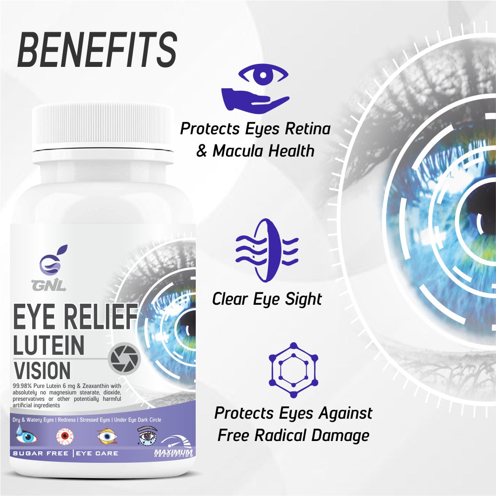 GNL Eye Supplements With Lutein, Zeaxanthin To Support Reducing Dryness, Stress, Itchy, UV Light, And Redness In Eyes - 60 Tablets