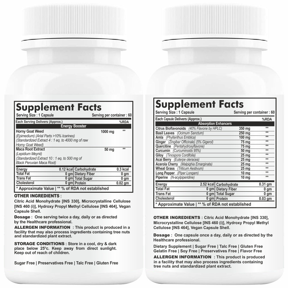 GNL Horny Goat Weed Powder And Maca Root, Organic Dietary Supplement With Absorption Enhancers 1000mg-60 Sugar Free Tablets