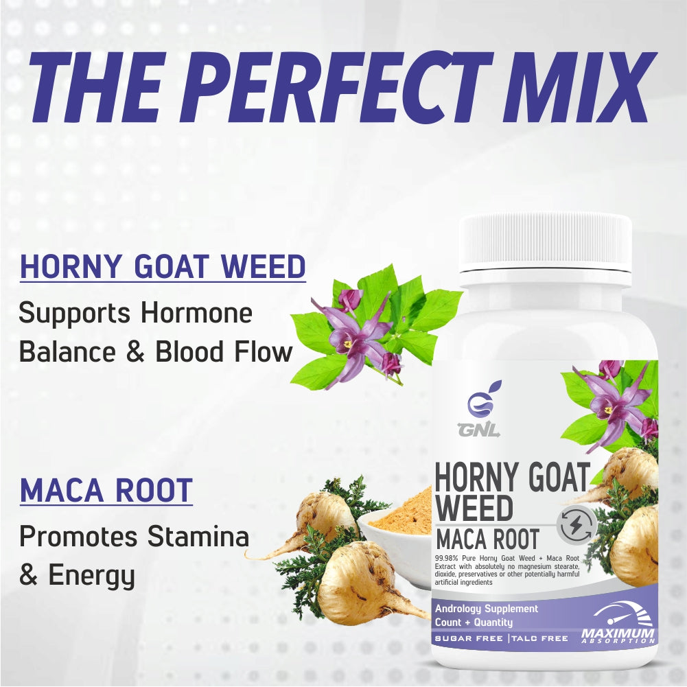 GNL Horny Goat Weed Powder And Maca Root, Organic Dietary Supplement With Absorption Enhancers 1000mg-60 Sugar Free Tablets