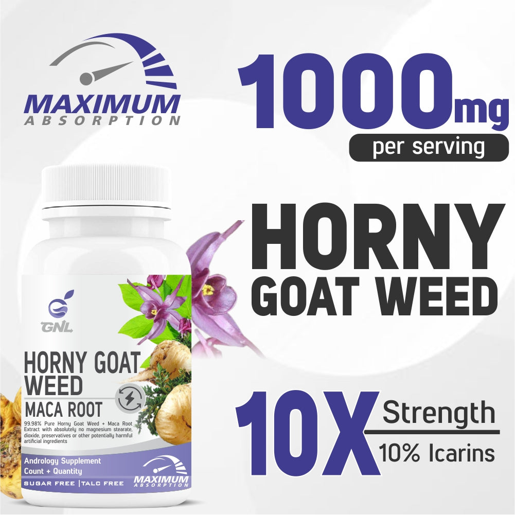 GNL Horny Goat Weed Powder And Maca Root, Organic Dietary Supplement With Absorption Enhancers 1000mg-60 Sugar Free Tablets