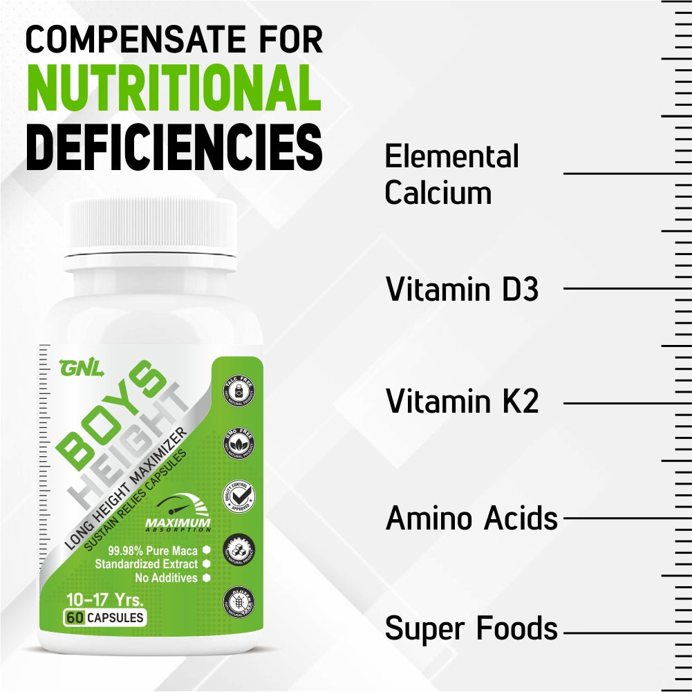 GNL Height Increase Medicine For Boys With Ayurvedic Extracts To Help Support Increasing Growth, And Strong Bones -60 Tablets