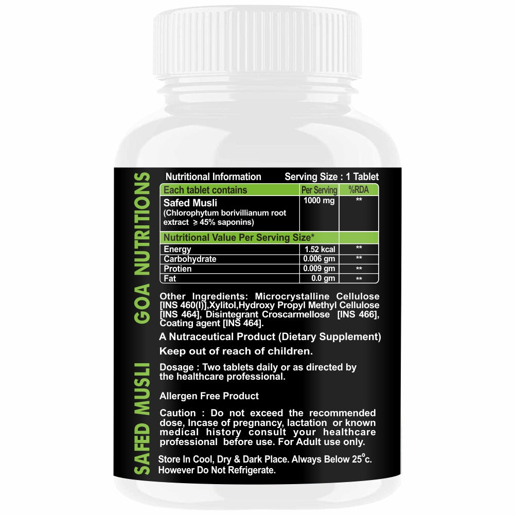 GOA NUTRITIONS Safed Musli Powder Support Strength, Stamina & Energy - 60 Tablets