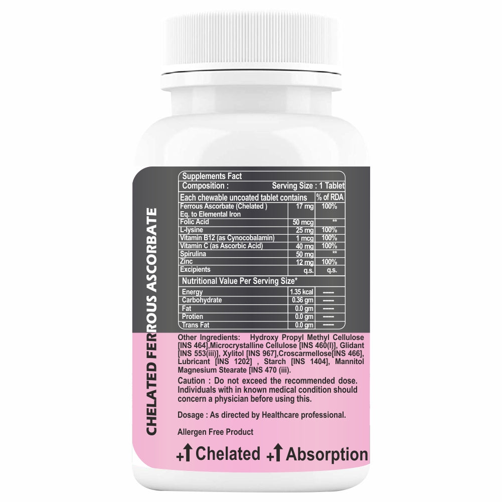 Goa Nutritions Iron Tablets With Folic Acid Vitamin C, B12 For Women Teenager Girls – 60 Chewable Tablets