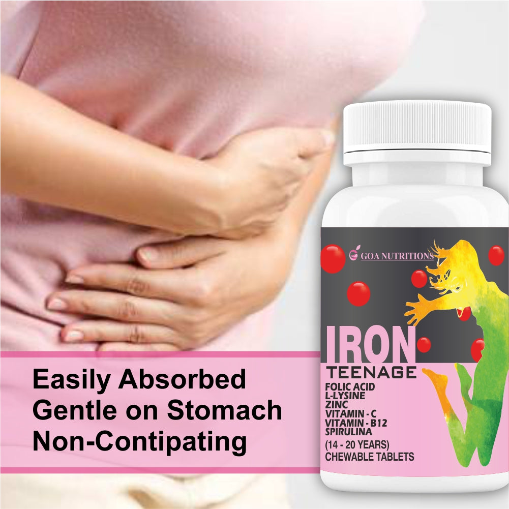 Goa Nutritions Iron Tablets With Folic Acid Vitamin C, B12 For Women Teenager Girls – 60 Chewable Tablets