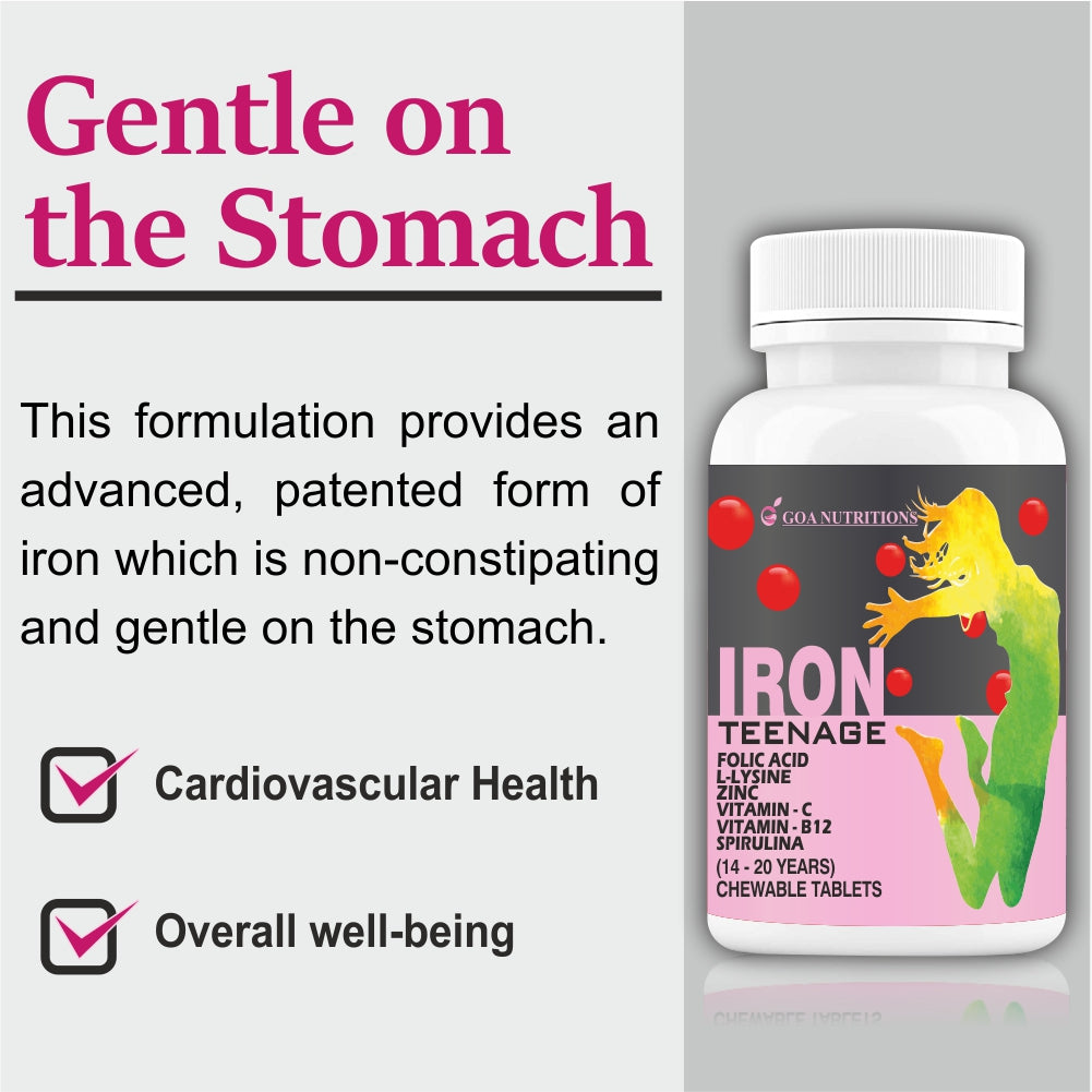 Goa Nutritions Iron Tablets With Folic Acid Vitamin C, B12 For Women Teenager Girls – 60 Chewable Tablets