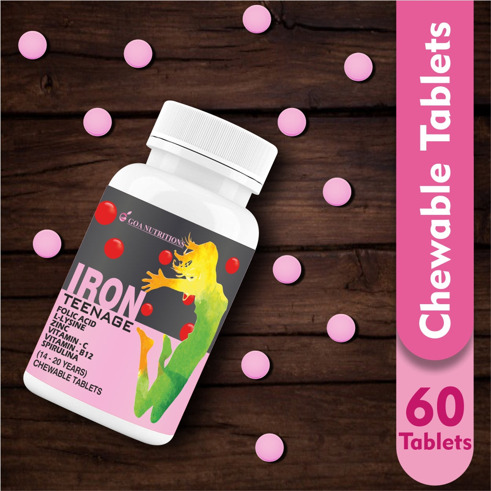 Goa Nutritions Iron Tablets With Folic Acid Vitamin C, B12 For Women Teenager Girls – 60 Chewable Tablets