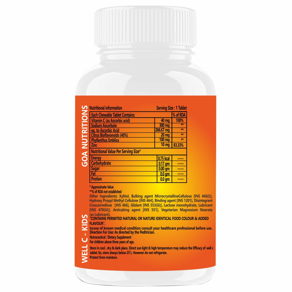 Well-C Vitamin C Tablets Immunity Booster For Kids Orange Flavor 120 Chewable Tablets