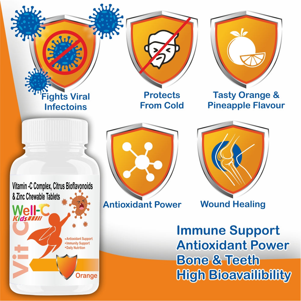Well-C Vitamin C Tablets Immunity Booster For Kids Orange Flavor 120 Chewable Tablets