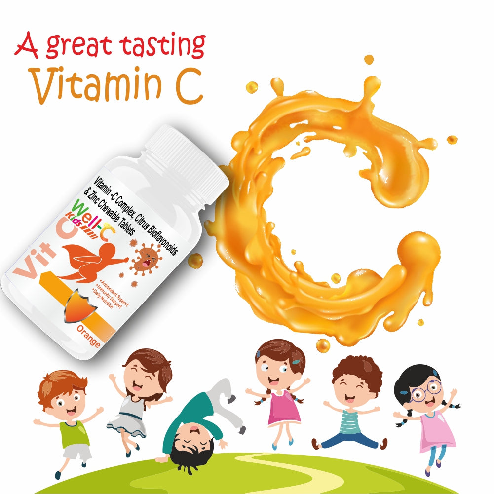 Well-C Vitamin C Tablets Immunity Booster For Kids Orange Flavor 120 Chewable Tablets