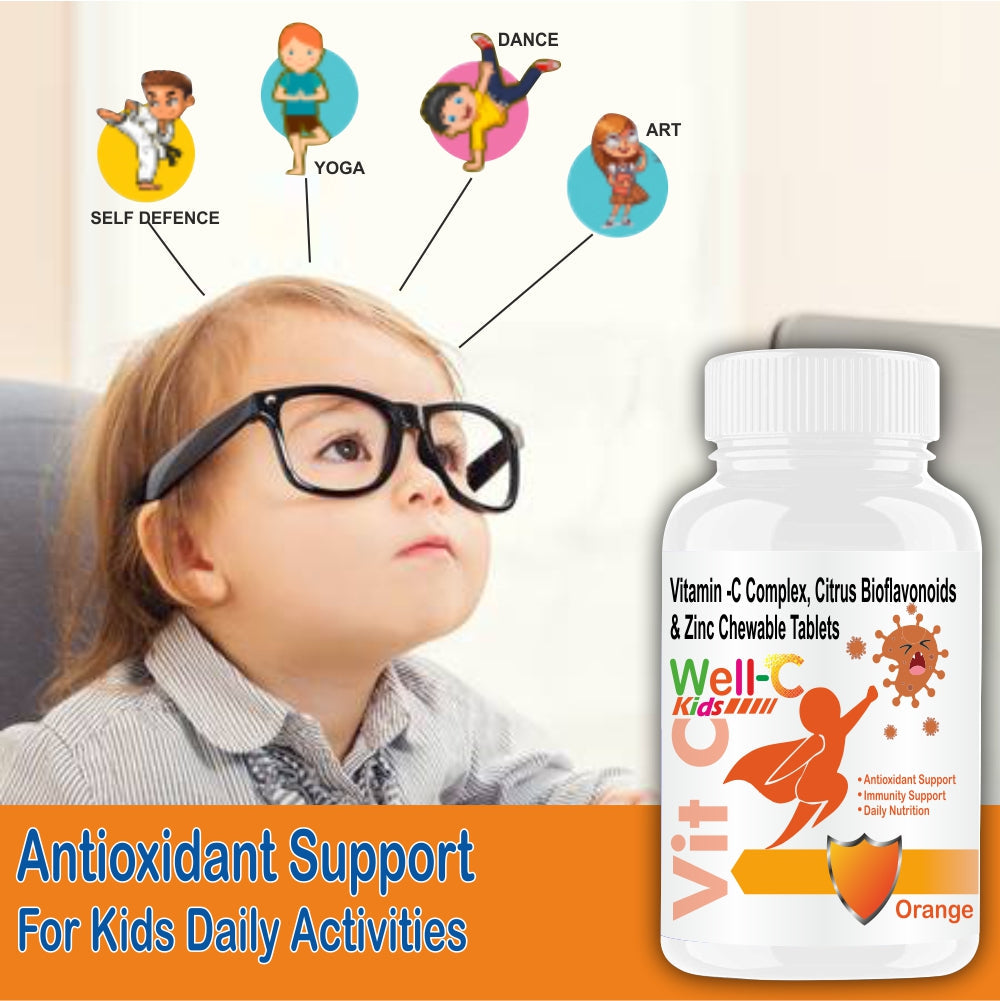 Well-C Vitamin C Tablets Immunity Booster For Kids Orange Flavor 120 Chewable Tablets